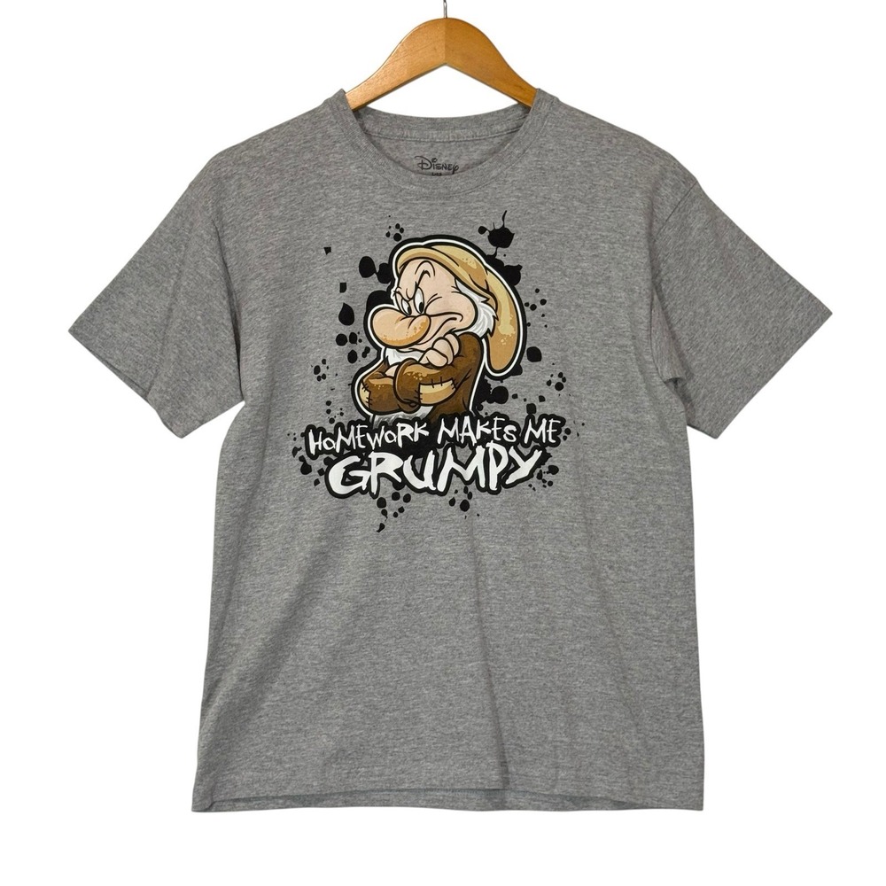 Disney Grumpy‎ Homework Makes Me Grumpy Kids L Gray Graphic Tee Shirt 12 Funny